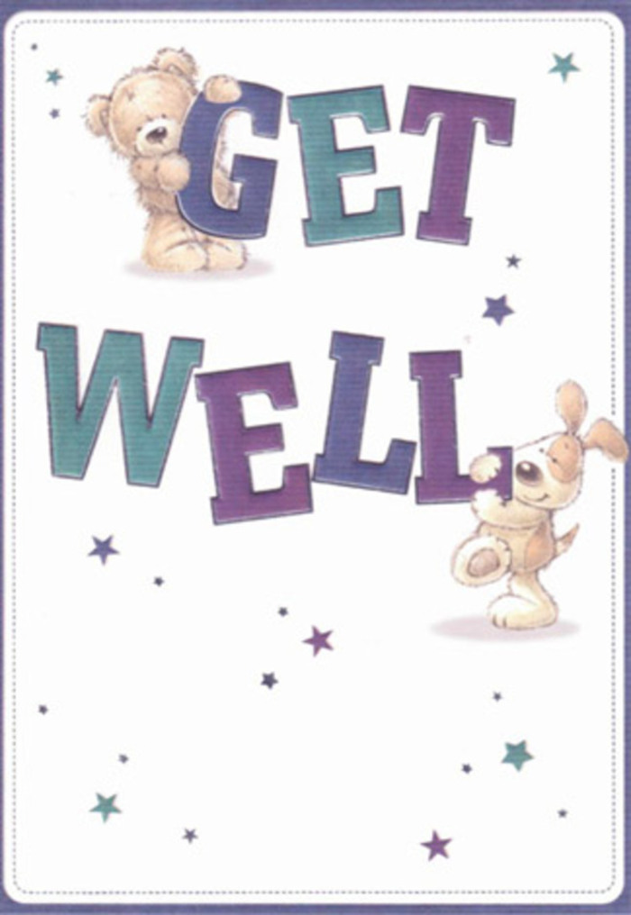 Every detail in this get well card conjures the light-hearted assurance you'd find in a Woodside Park shop window adorned with fresh seasonal bouquets. A warm, friendly bear and an eager puppy, both charmingly illustrated with rich textures, seem to animate the message itself as they clutch and balance the outsized, colourful letters spelling 'Get Well.' The type is bold and confident, shaded in hues of purple and aqua, grounding the artwork in a sense of hopeful celebration. Starbursts scatter joyfully through the air, their playful blues and violets reminiscent of wildflowers growing near the winding paths of Woodside Grange Road. The bear's illustrated fur suggests irresistible softness, while the puppy's floppy ears add to the tactile appeal-a scene that stirs up thoughts of comforting embraces and freshly gathered flowers. Across the card, the white background serves as a canvas for this cheer, its clarity echoing the fresh start found in every bouquet delivered locally. Imagine sending this card, perhaps together with a bright, hand-selected arrangement from a florist near North Finchley, the pairing radiating gentle encouragement and positivity for anyone recovering. It's a mood-lifter across generations, perfect for sharing a heartfelt wish for wellness in the local community.