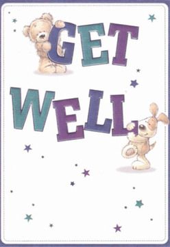 This charming get well card suggests the quiet comfort of a hand-tied posy delivered with care in Woodside Park. At the centre, a cuddly teddy bear perches atop the word 'GET', one paw gently holding the bold letters, while a lively puppy nuzzles the 'WELL' below, their expressive faces beaming hope and affection. Both are rendered with expressive softness, their rounded forms radiating warmth familiar to anyone who's visited parks or walked the neighbourly streets near Friary Park. Scattered around the scene, a constellation of tiny stars glint in slender shades of blue and purple, bringing touches of magic like dappled sunlight falling through trees on Torrington Park. The deep purples and teals of the large, friendly lettering stand out against a crisp white backdrop, evoking cleanliness, light, and a hopeful sense of clarity. Every illustrated detail feels thoughtfully placed, as if arranged by a florist seeking to brighten a difficult moment-a palpable sense of nurturing. The whole composition feels like a cheerful pick-me-up waiting at the doorstep, a gentle, genuine note of comfort and recovery for someone in need.