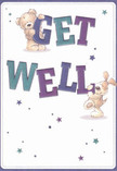 Radiating playful optimism and heartfelt comfort, this vibrant get well card immediately evokes the care typical of Woodside Park's trusted florists. Two endearing figures-a soft, huggable teddy bear and a bouncy puppy-appear to leap from the page, each balancing and supporting the outsized, bold letters that spell 'Get Well' in shades of indigo and teal. Their cartoon fur and floppy ears are so richly textured, it almost feels possible to sense their fluff beneath your fingertips, much like the tactile delight of fresh blooms. Twinkling stars in gentle blues and purples scatter across a soothing cream background, echoing hopefulness and light, much as a thoughtful bouquet can brighten a room near Finchley Catholic High. The composition is lively and airy, every detail-down to the expressive smiles and gentle embrace-carrying a salve of kindness and gentle reassurance. As a local offering, this card is the ideal finishing touch to send warmth and encouragement to someone on the mend in Woodside Park, blending playful delight with genuine compassion in every illustrated detail.